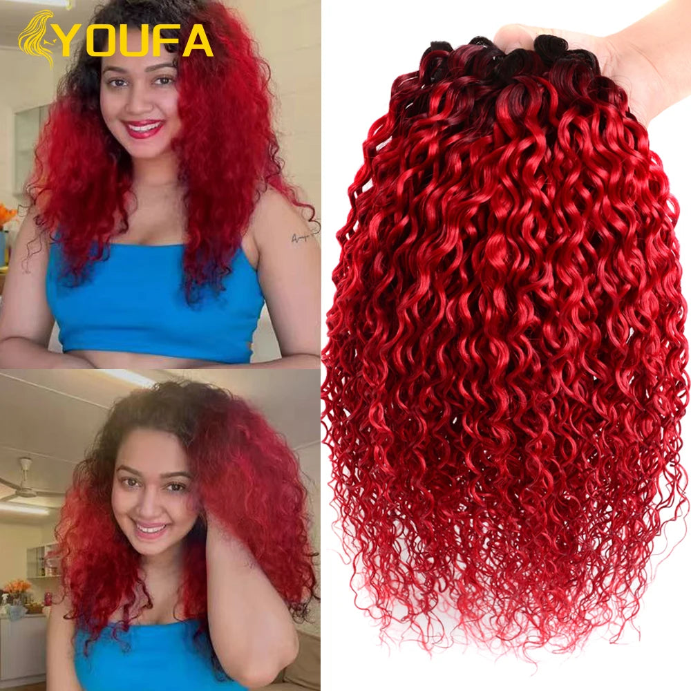 YOUFA Hot Red Curly Human Hair Bundles For Women 1Pc Lot 100% Brazilian Bouncy Curl Ombre 1B Red Human Hair Weave Bundles