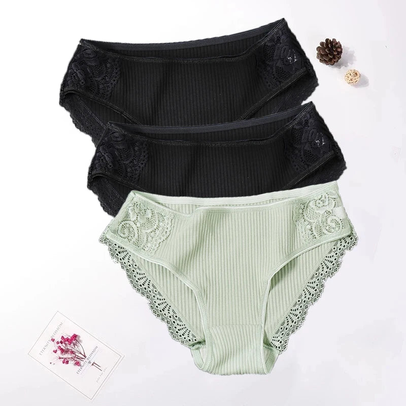 Floral Lace Cotton Women Panties Underwear Women Briefs Comfortable Female Underpants Solid Color Pantys Lingerie M-XXL 3PCS/Set