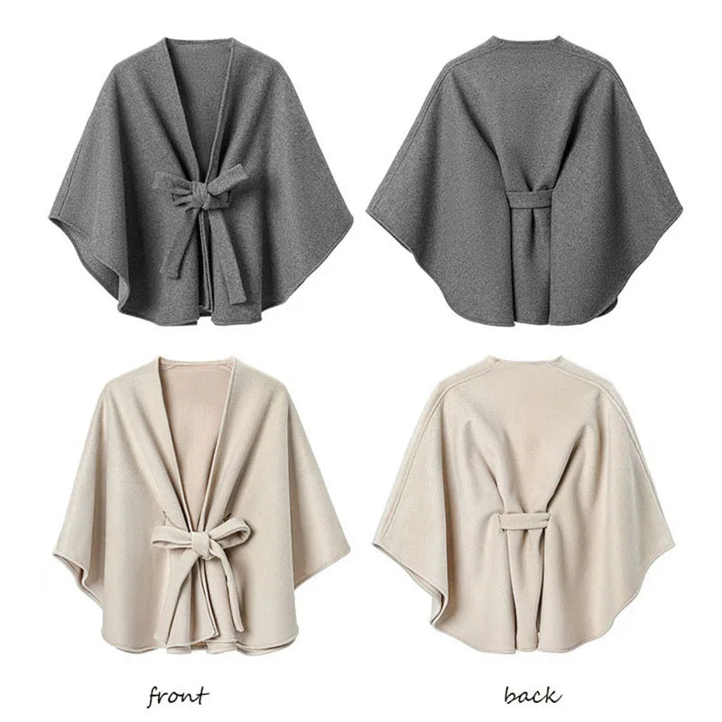 Stylish Designer Double Sides Woolen Cape Coat Women Autumn Winter Belt Loose Slim Surcoat Cloak Elegant Outerwear Versatile