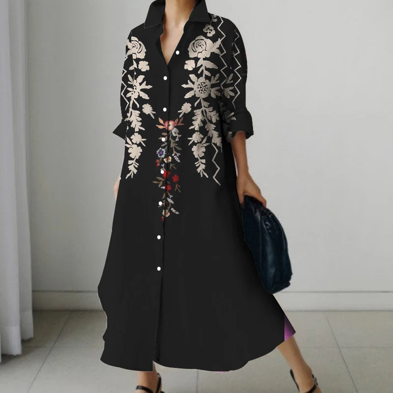 2024 Autumn Women's Retro Floral Print Shirt Dress Women's New Fashion Shirt Women's Loose Casual V-Neck Pocket Dress Streetwear