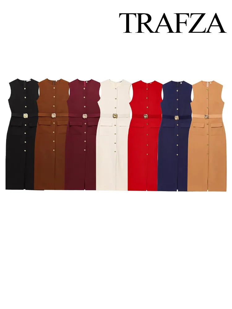 TRAFZA Women Fashion O-Collar Single Breasted Hem Slit Belt Decorate Midi Dress Female Chic Sleeveless Back Zipper Slim Dress