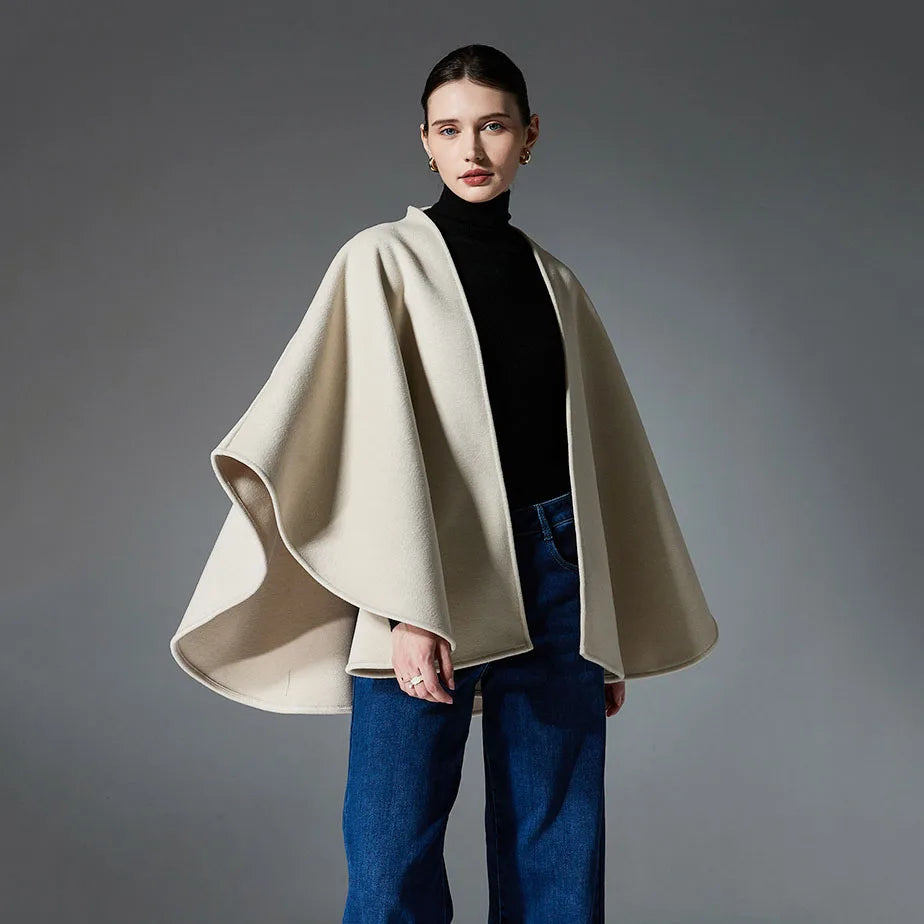 Stylish Designer Double Sides Woolen Cape Coat Women Autumn Winter Belt Loose Slim Surcoat Cloak Elegant Outerwear Versatile