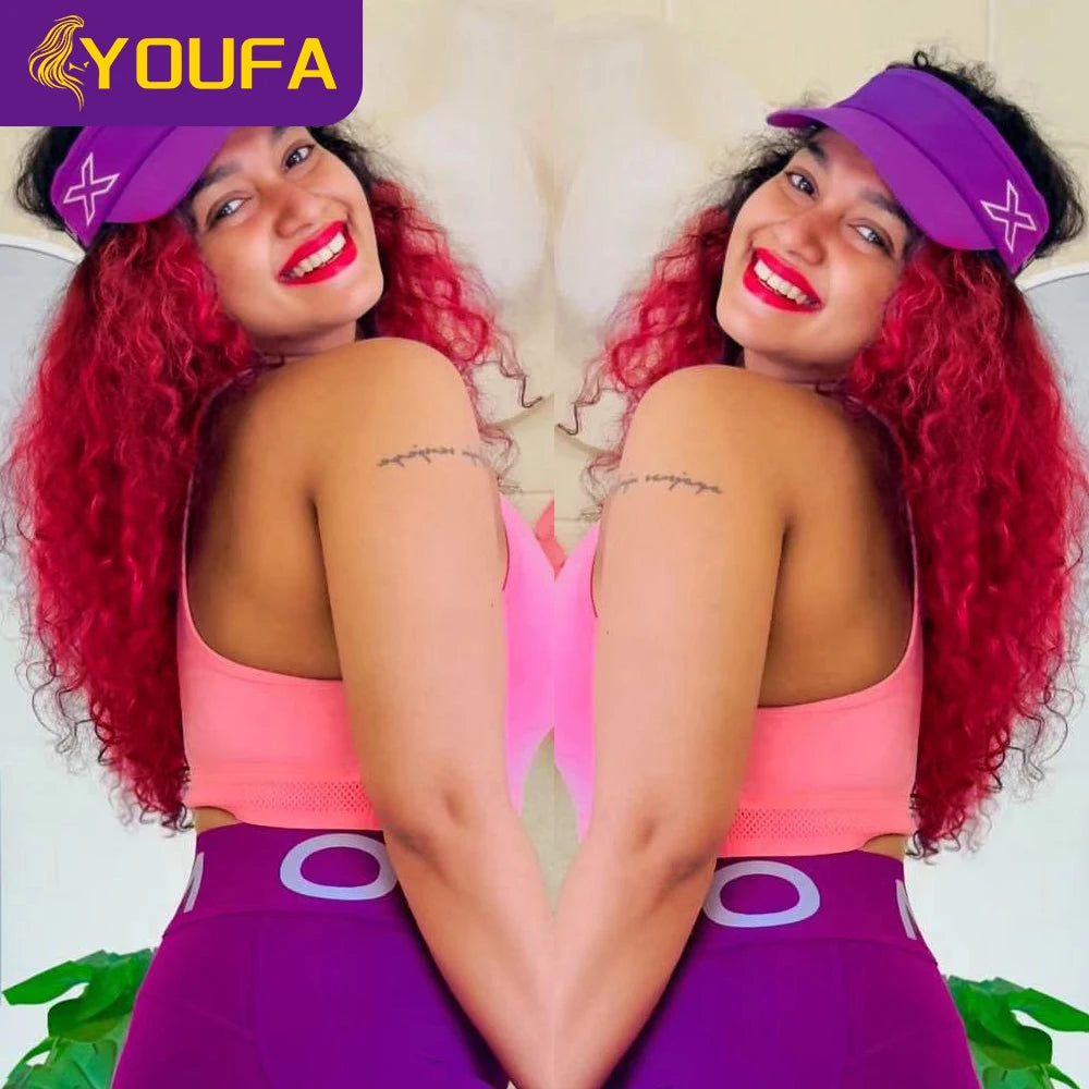 YOUFA Hot Red Curly Human Hair Bundles For Women 1Pc Lot 100% Brazilian Bouncy Curl Ombre 1B Red Human Hair Weave Bundles