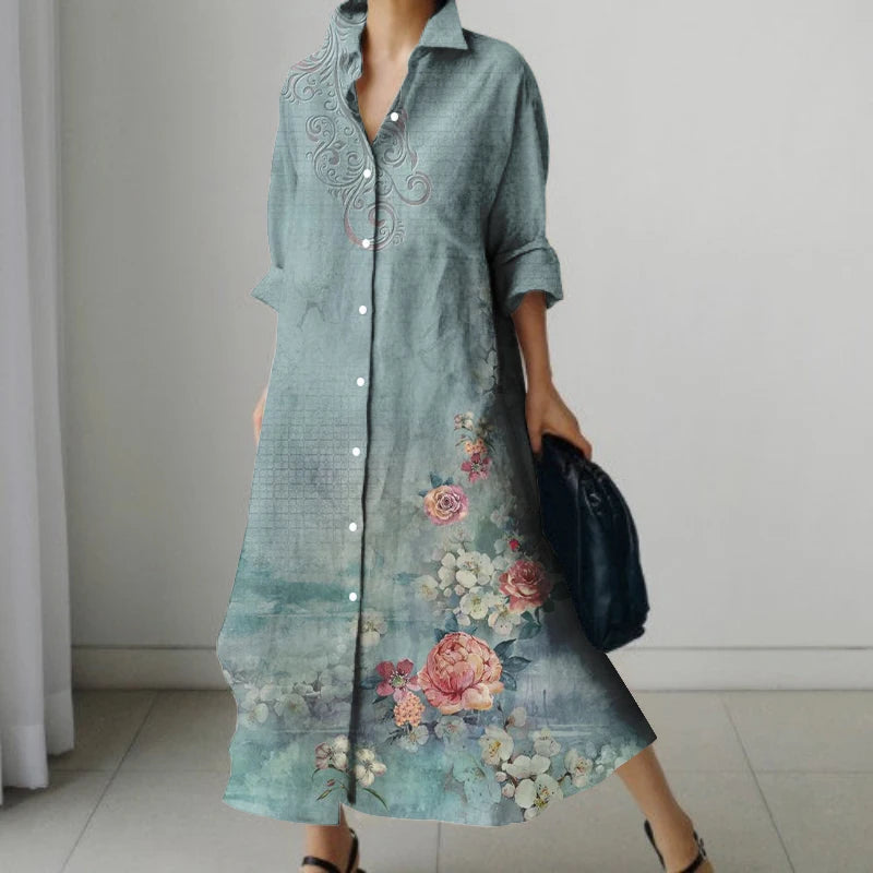 2024 Autumn Women's Retro Floral Print Shirt Dress Women's New Fashion Shirt Women's Loose Casual V-Neck Pocket Dress Streetwear