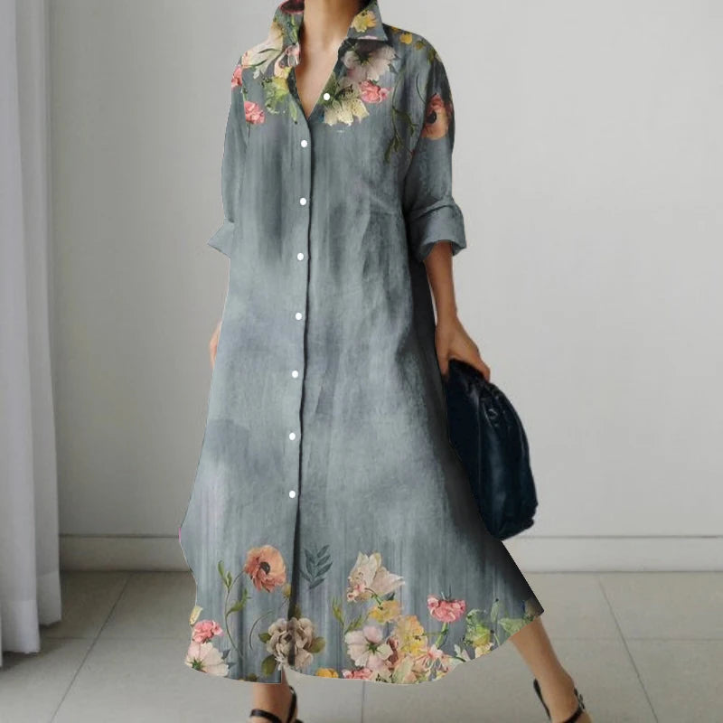2024 Autumn Women's Retro Floral Print Shirt Dress Women's New Fashion Shirt Women's Loose Casual V-Neck Pocket Dress Streetwear