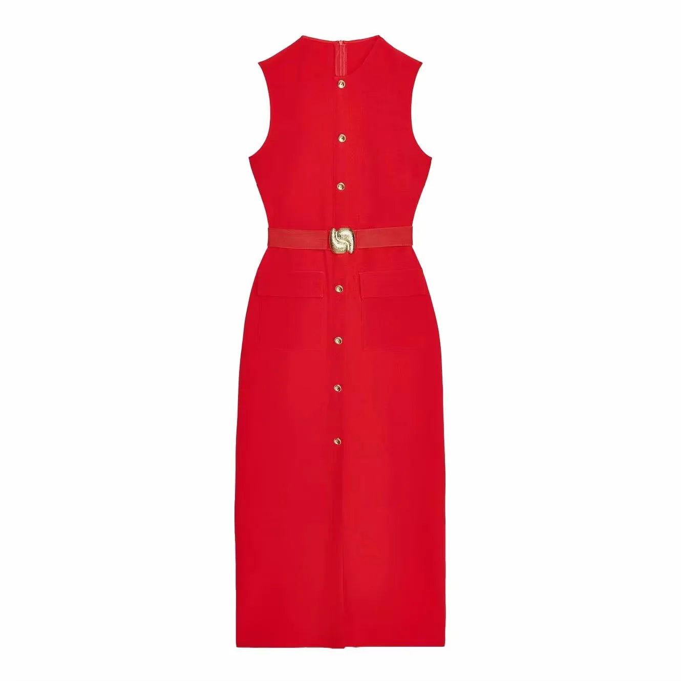 TRAFZA Women Fashion O-Collar Single Breasted Hem Slit Belt Decorate Midi Dress Female Chic Sleeveless Back Zipper Slim Dress