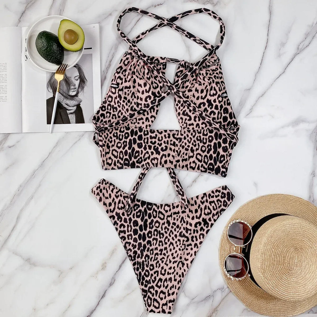 2024 New Sexy Bikini High Waist Swimwear Swimsuit Women Leopard Cross Back Straps Bikinis Set Bathing Suit Beach Bikini Female