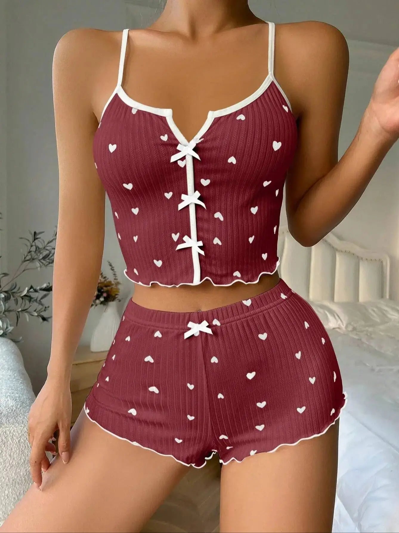 Women's Cute Pajama Set Heart Print Lettuce Trim Bow Front Cami Top and Shorts Pj Set Soft Sleepwear
