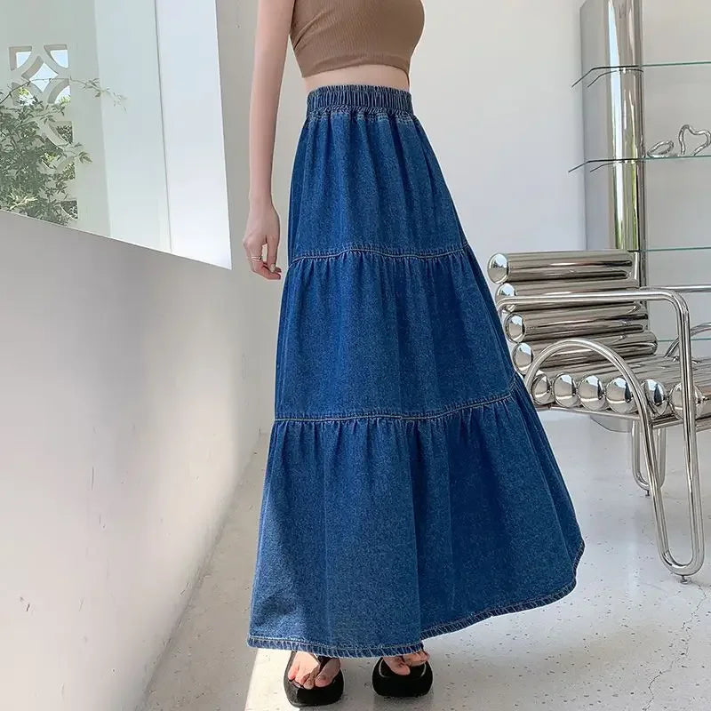 Korean Style Maxi High Waist Jeans Skirts for Women A Line Premium Y2k Vintage Luxury Elegant Aesthetic Casual Woman Denim Skirt