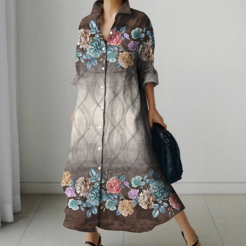 2024 Autumn Women's Retro Floral Print Shirt Dress Women's New Fashion Shirt Women's Loose Casual V-Neck Pocket Dress Streetwear