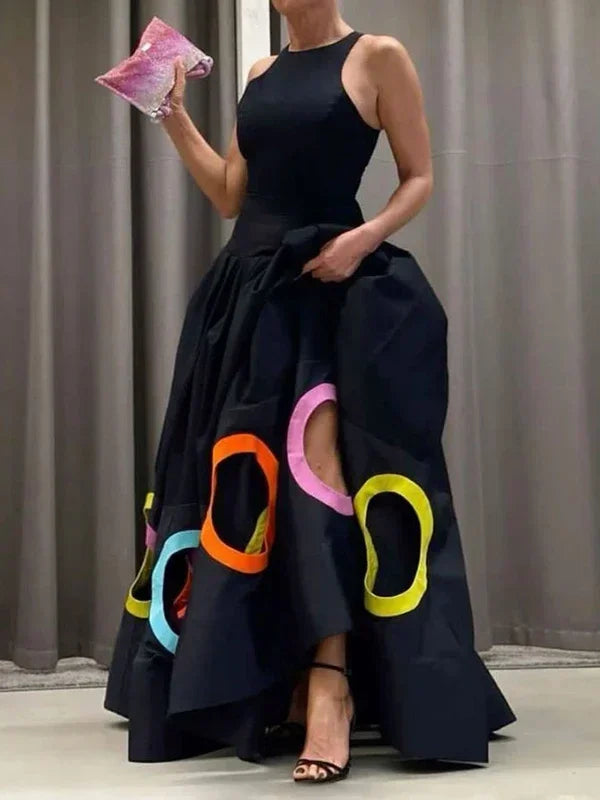 UOOZEE 2025 New Summer Women Elegant Party Evening Maxi Dresses Fashion Rainbow Printed Hollow High Waist A-line Long Dress