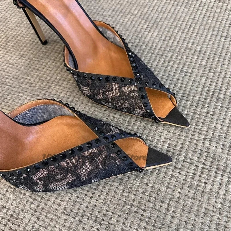 European and American High-Heeled Sandals with Pointed Black Lace, Fine Heel Rhinestones, Party Shoes for Women, Hot Selling