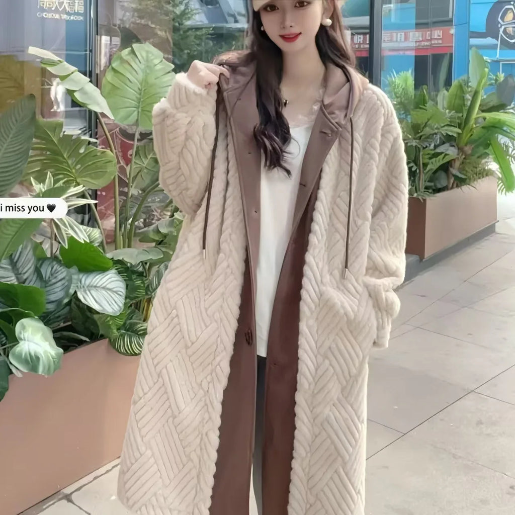 Faux Mink Fur Coat for Women,Single Breasted Long Jacket,Fake Two Items,High Quality,Hooded,Female Clothes,New,Winter
