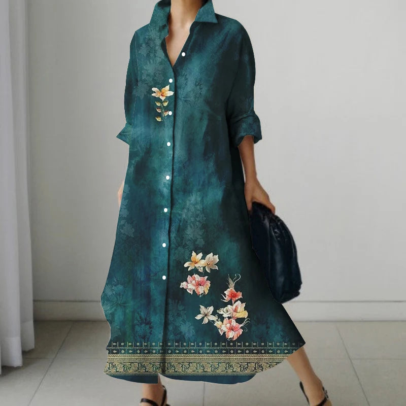 2024 Autumn Women's Retro Floral Print Shirt Dress Women's New Fashion Shirt Women's Loose Casual V-Neck Pocket Dress Streetwear