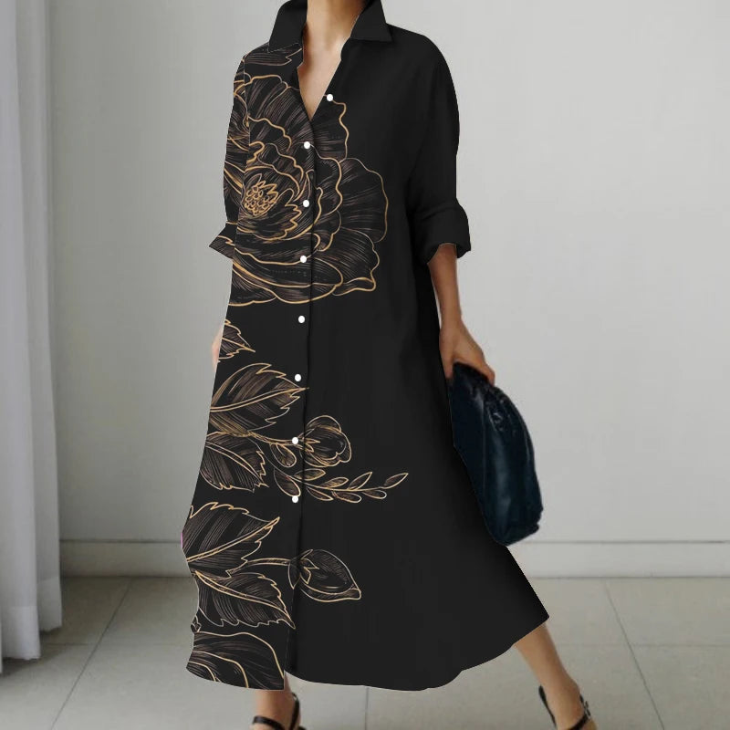 2024 Autumn Women's Retro Floral Print Shirt Dress Women's New Fashion Shirt Women's Loose Casual V-Neck Pocket Dress Streetwear