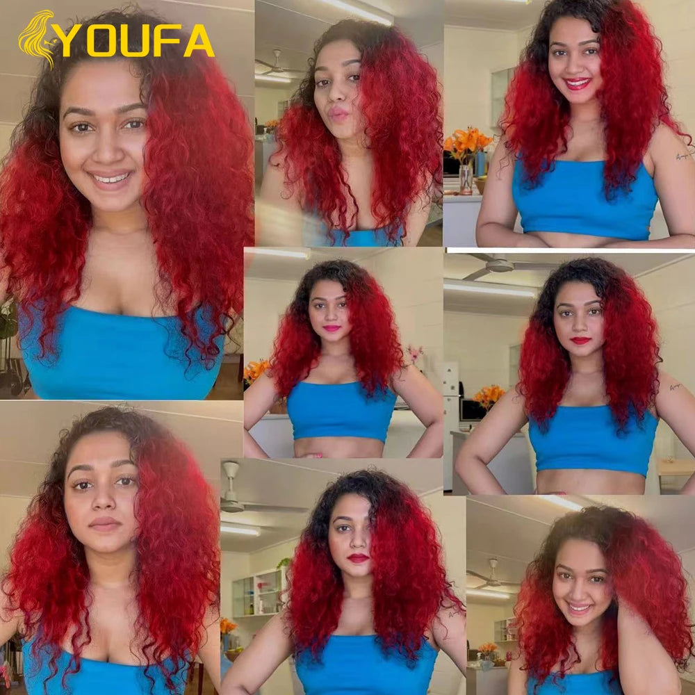 YOUFA Hot Red Curly Human Hair Bundles For Women 1Pc Lot 100% Brazilian Bouncy Curl Ombre 1B Red Human Hair Weave Bundles
