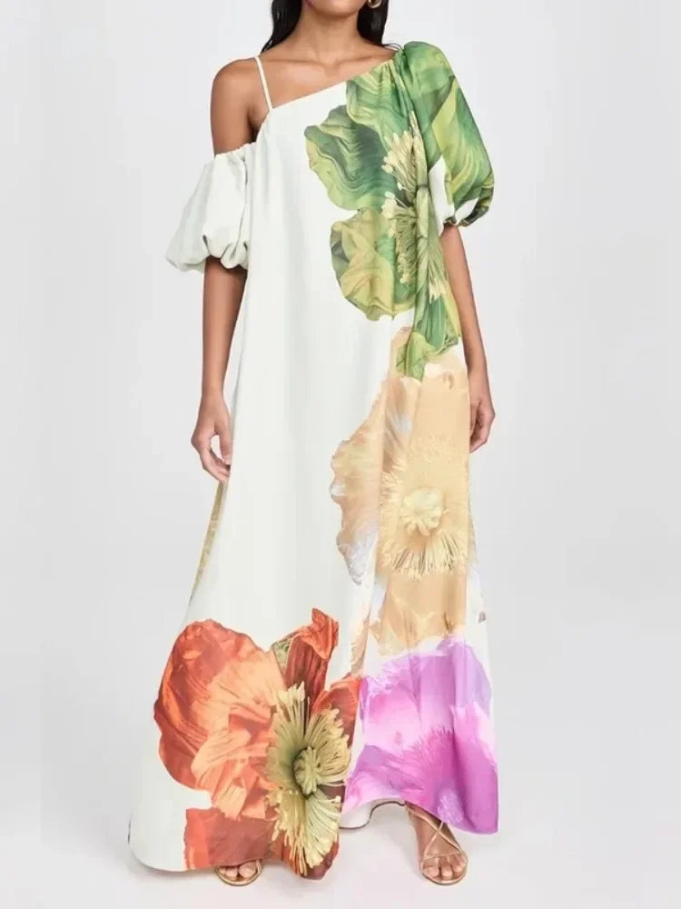 Lemongor Female Stylish Floral Printed Vacation Bohemia Beach Dress One-Shoulder Loose Elegant Party Evening Womens Dresses