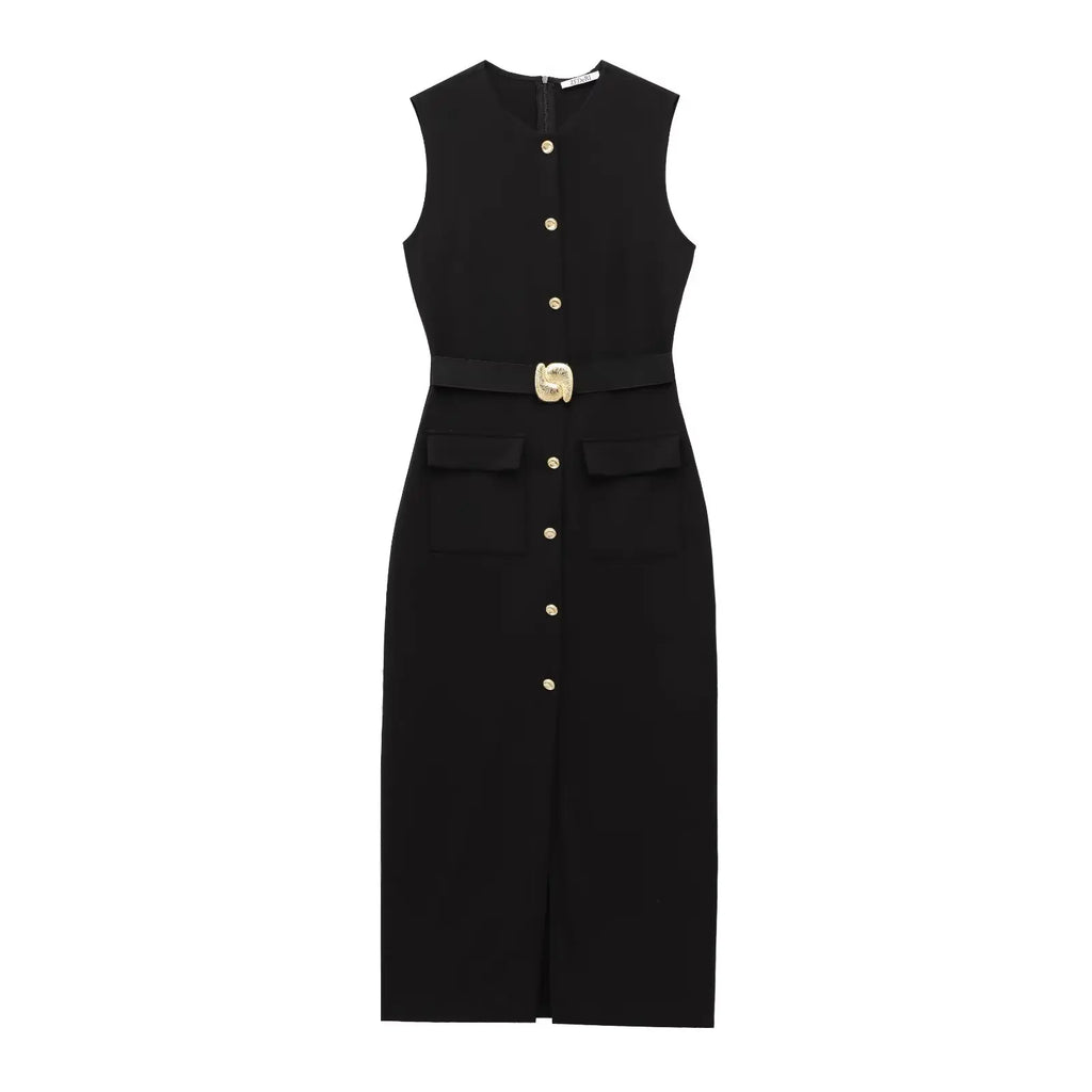 TRAFZA Women Fashion O-Collar Single Breasted Hem Slit Belt Decorate Midi Dress Female Chic Sleeveless Back Zipper Slim Dress