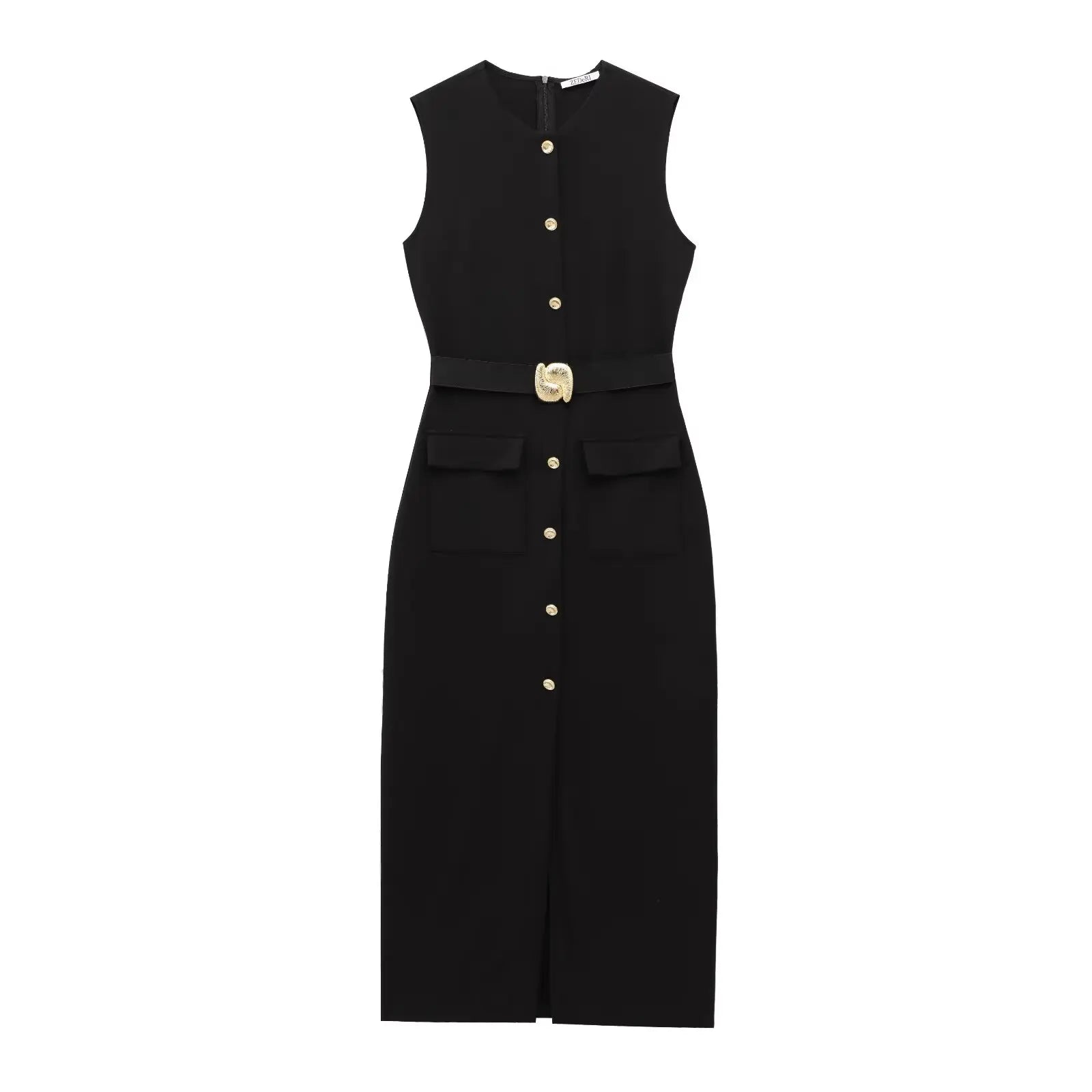 TRAFZA Women Fashion O-Collar Single Breasted Hem Slit Belt Decorate Midi Dress Female Chic Sleeveless Back Zipper Slim Dress