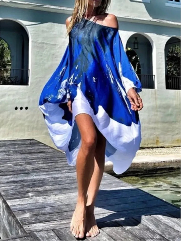 Summer Fashion Printed Midi Dresses Women Sloping Shoulders Loose Casual Beach Vacation Irregular Dress Y2k Party Vestidos Femme