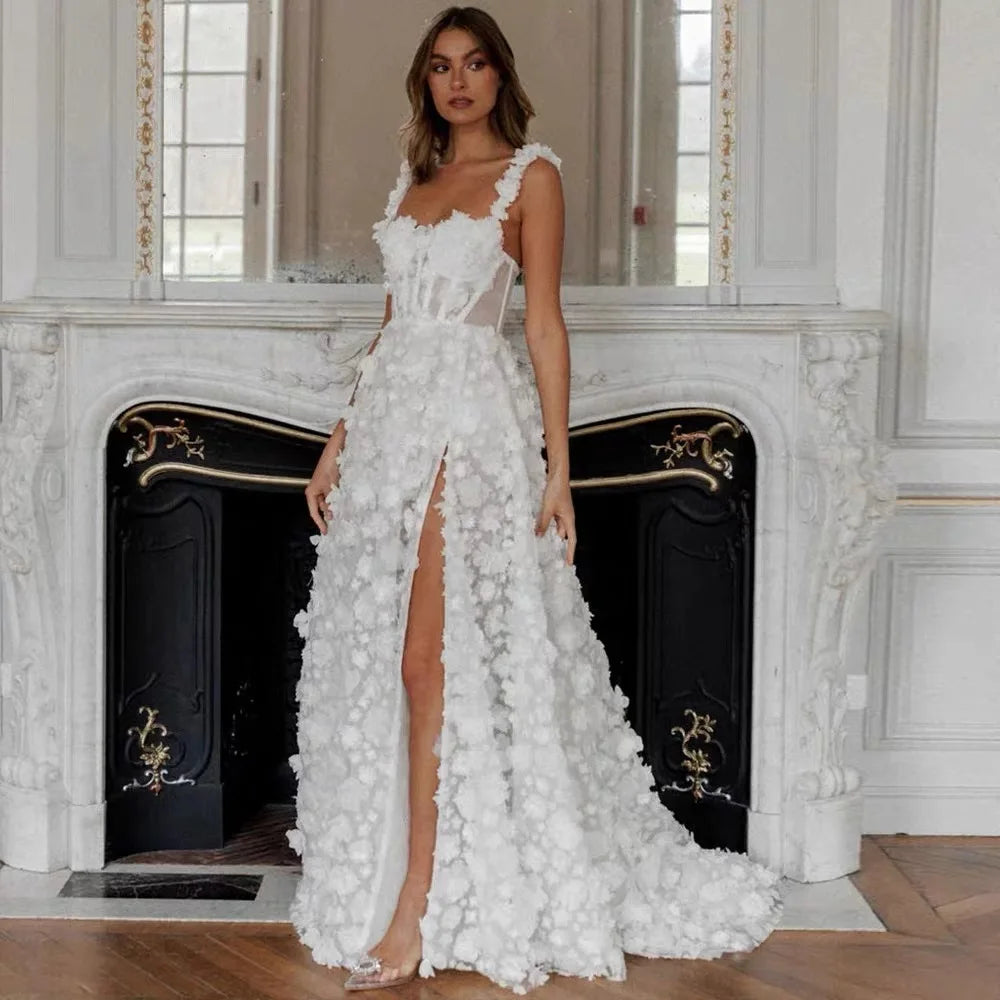 Customized Lace Spaghetti Strap Wedding Dress High Split Appliques Evening Party Dresses robes de soirée Bridal Gown