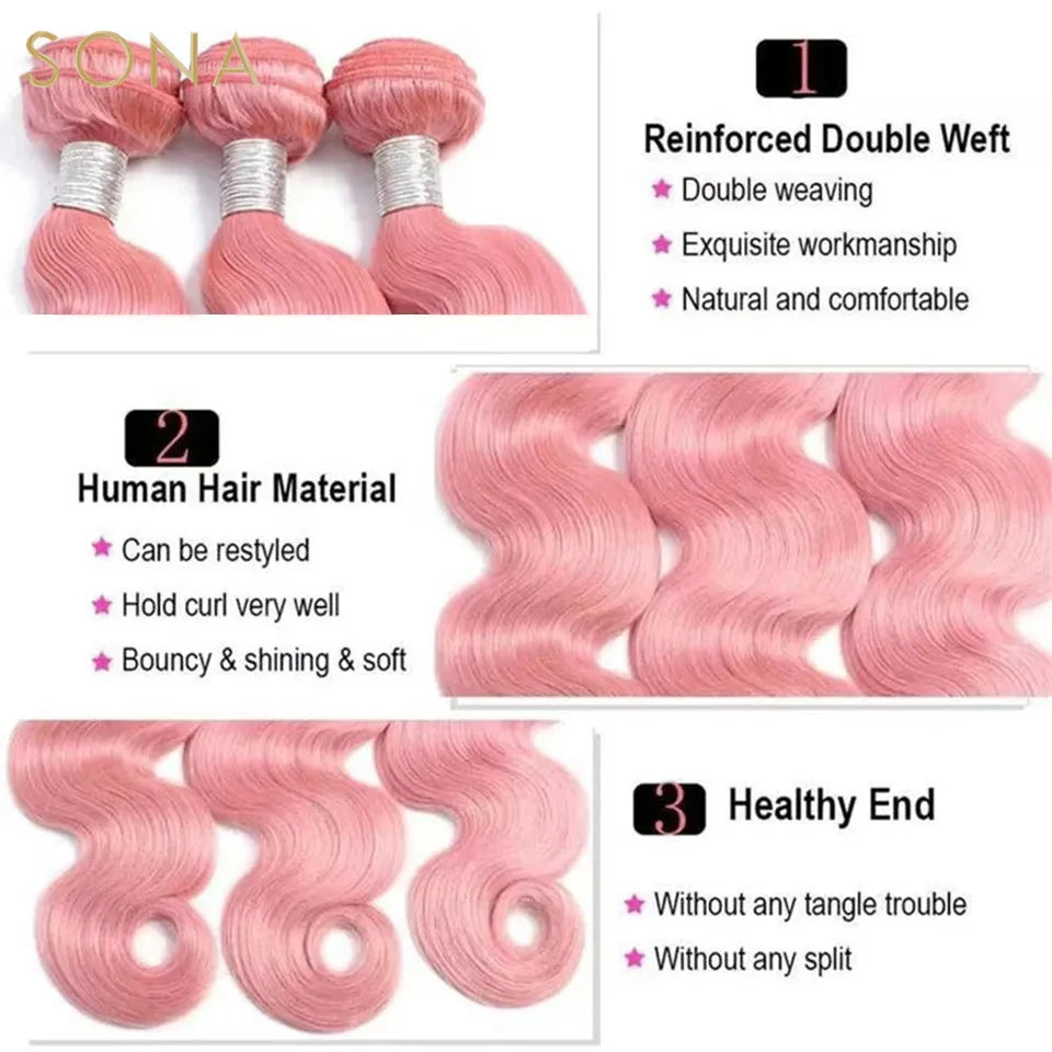 Light Pink Colored Hair Weave Bundles With 4X4  Closure Brazilian Remy Body Wave Pink Hair Extensions Weft For Women 3Pcs/Lot